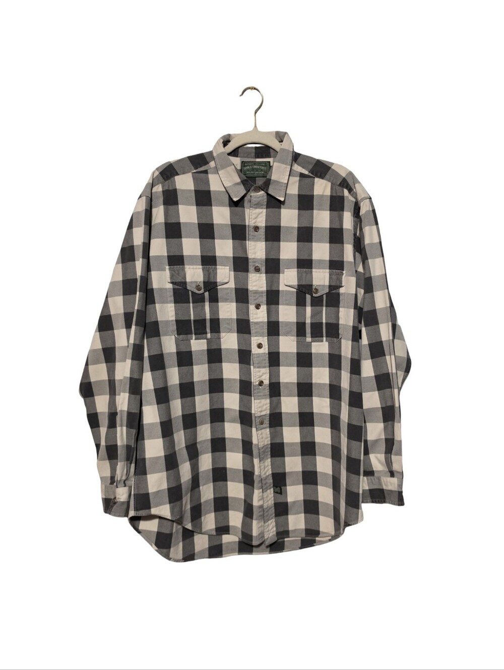 POLO COUNTRY RALPH LAUREN Shirt Mens Large Buffalo Plaid Black Cream Heritage